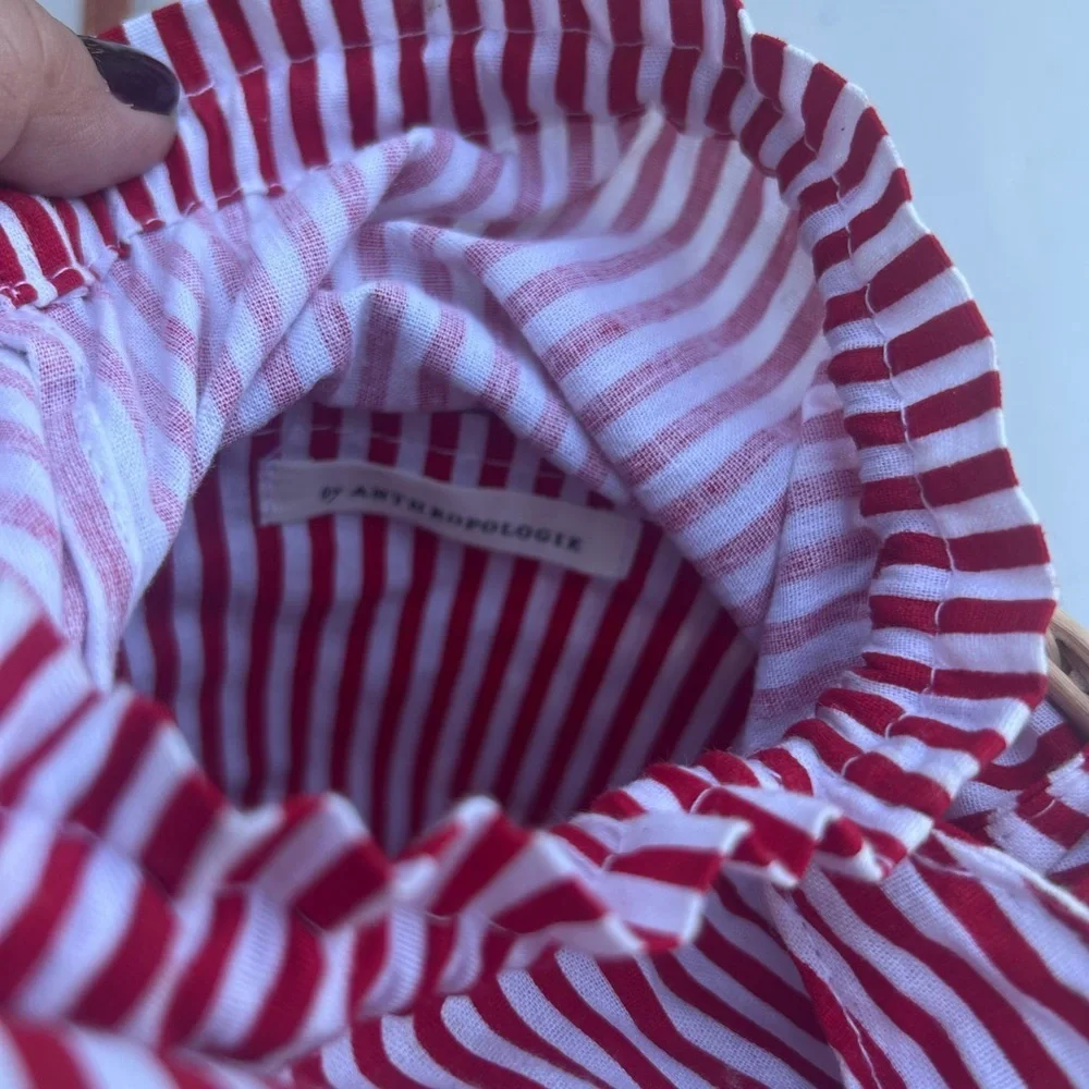 Anthropologie Woven Basket Mini Bag NWOT Rattan, Cotton lining Red/White cross - Picture 16 of 16
